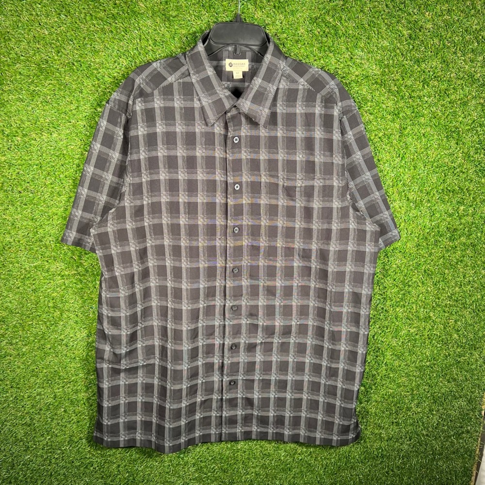 Haggar Clothing Mens XLT Black Grey Plaid Short Sleeve Button‎ Down Shirt